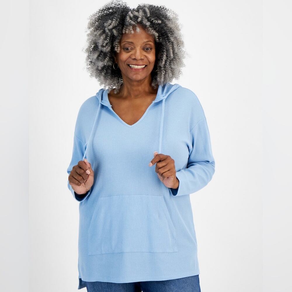 NWT Style & Co Waffle Knit Hooded Tunic Top Kangaroo Pocket Blue Size XL Petite